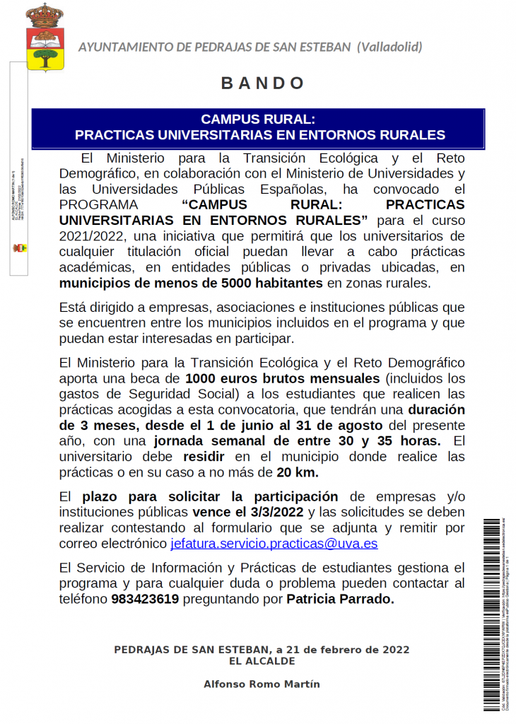 BANDO – CAMPUS RURAL: PRÁCTICAS UNIVERSITARIAS EN ENTORNOS RURALES